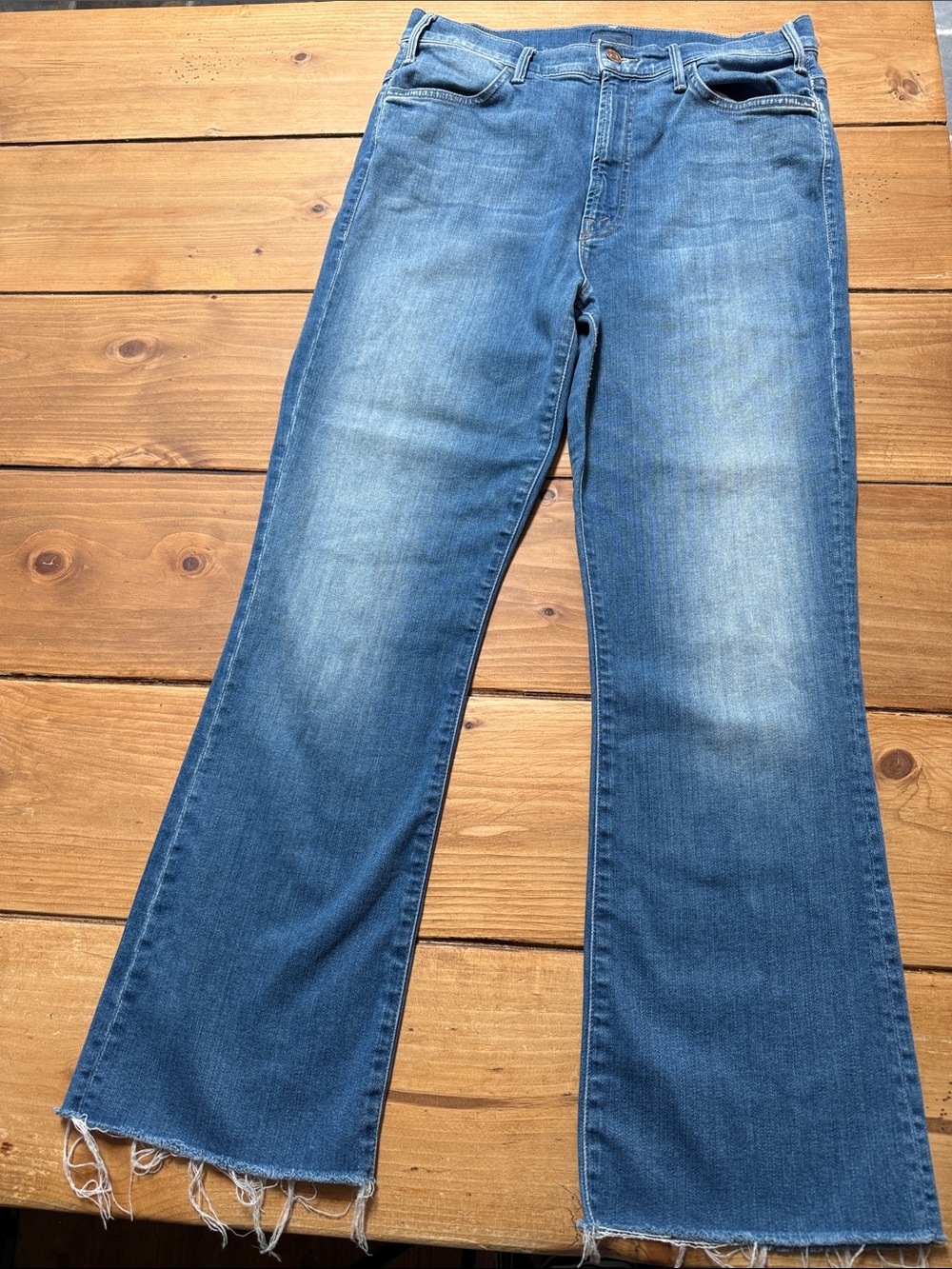 MOTHER Blue Frayed Hem Wide-Leg Jeans